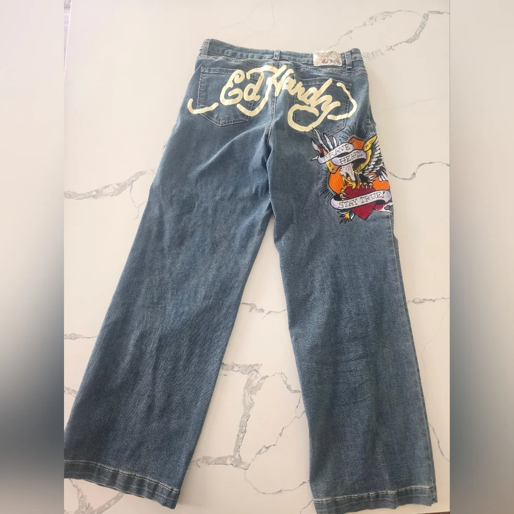 Ed Hardy Blue Jeans with Tattoo-Inspired Lining Sz30 - Picture 7 of 8